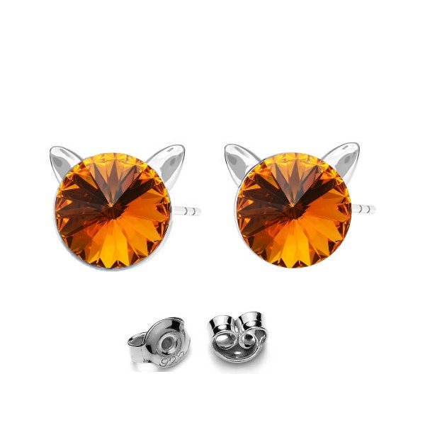 Kitty Cat Silver Stud Earrings with Tangerine Orange Rivoli Crystal for Girls