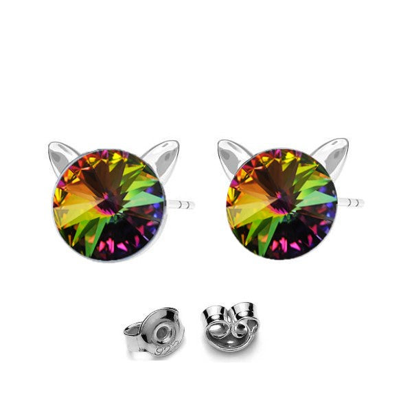 Kitty Cat Silver Stud Earrings with Vitrail Medium Rivoli Crystal for Girls