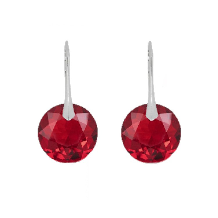 Close-up of Classic Light Siam Red Crystal Leverback Earrings with Large Round Stones