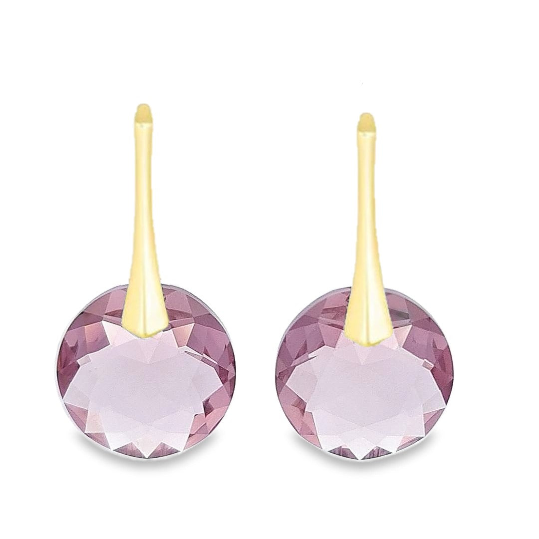 Front view of June Gemini Light Amethyst Birthstone Gold Leverback Earrings for Women by Magpie Gems in Ireland