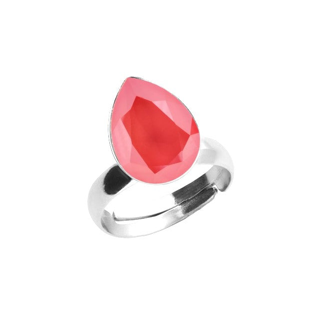 Light Coral Orange Solitaire Silver Ring in Nickel-Free Sterling Silver with Pear-shaped Teardrop Crystal by Magpie Gems Ireland