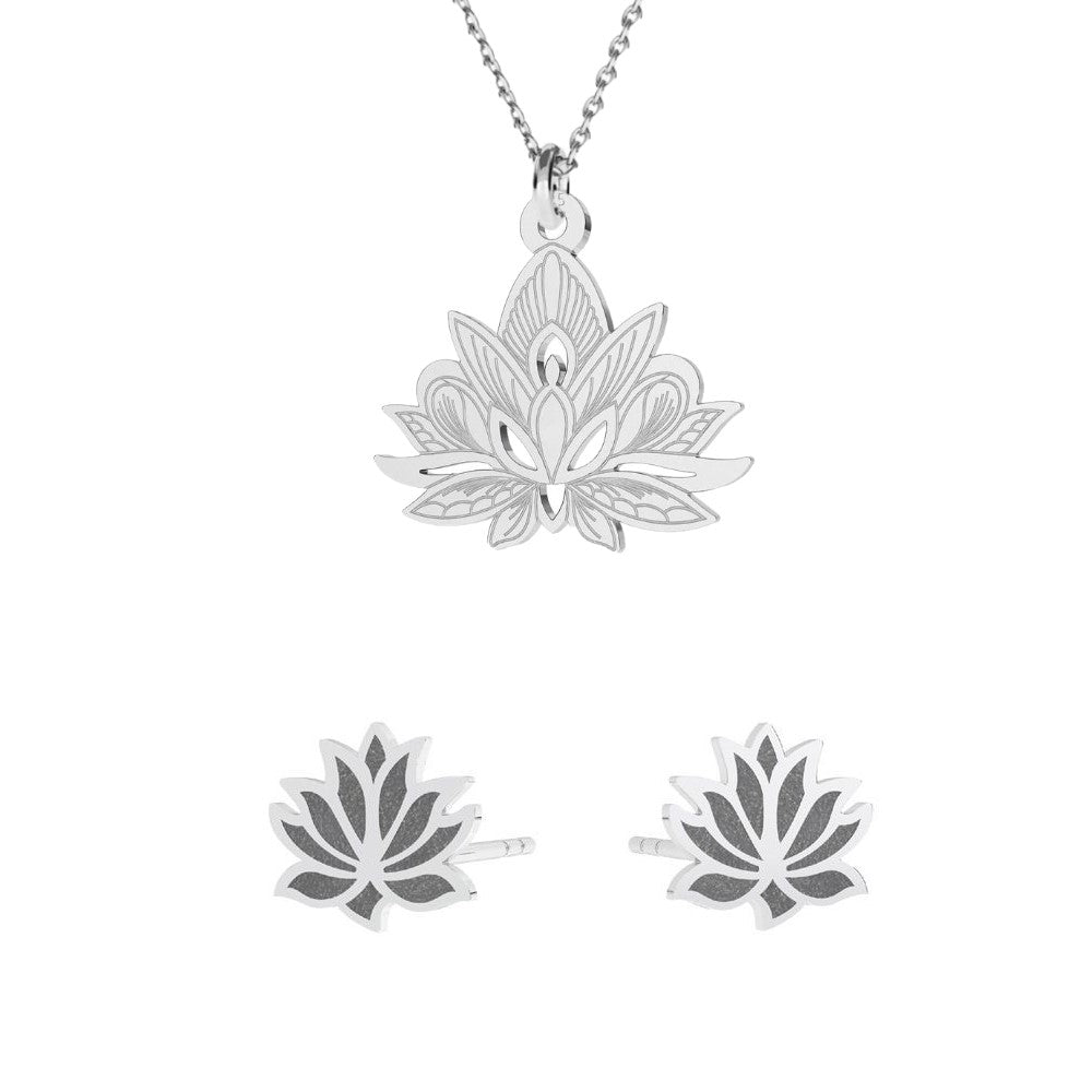 Silver jewellery set with lotus blossom design, featuring a pair of stud earrings and a matching pendant for women