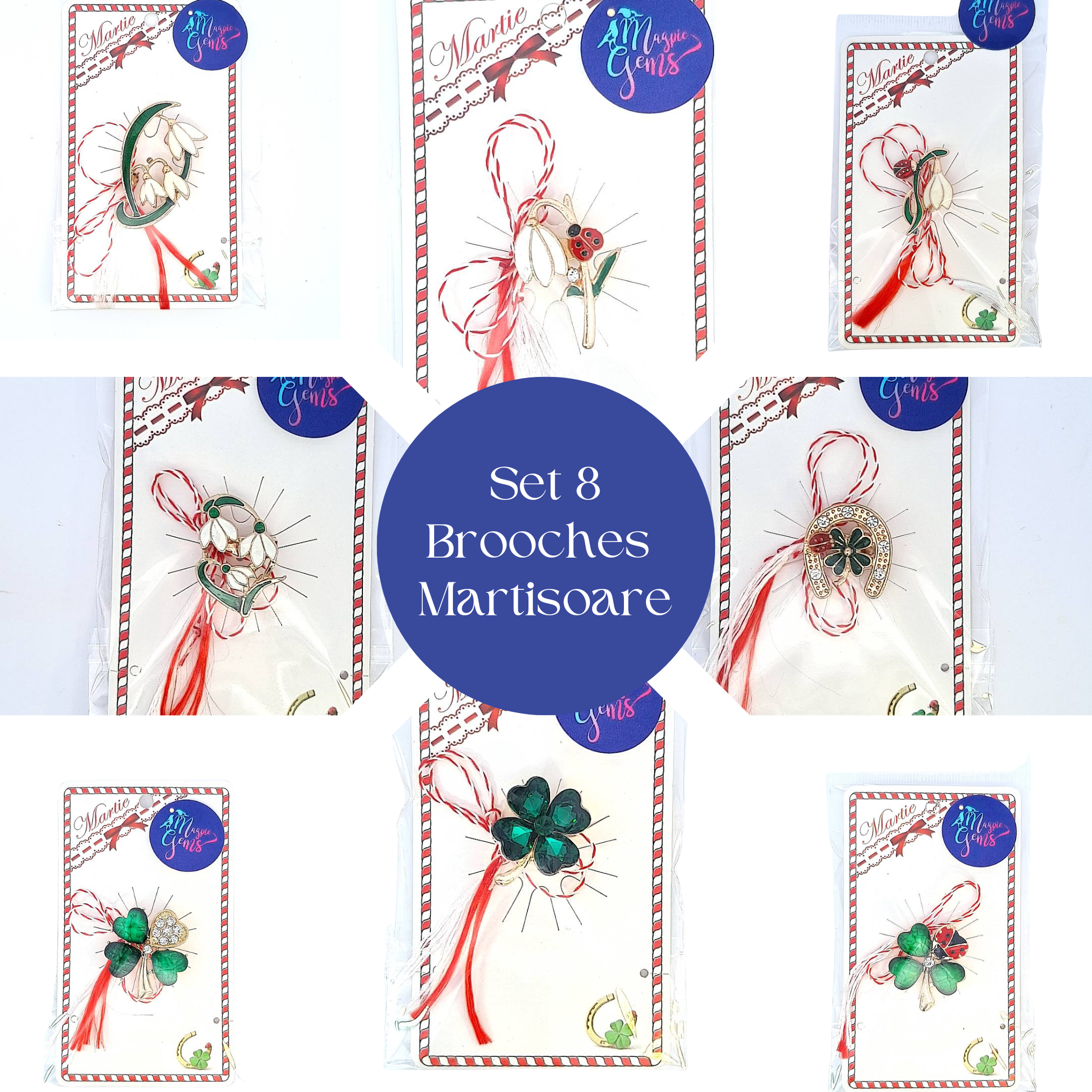 Set of 8 handcrafted Martisoare brooches made from metal alloy, featuring unique spring-inspired designs, presented with traditional Romanian packaging.