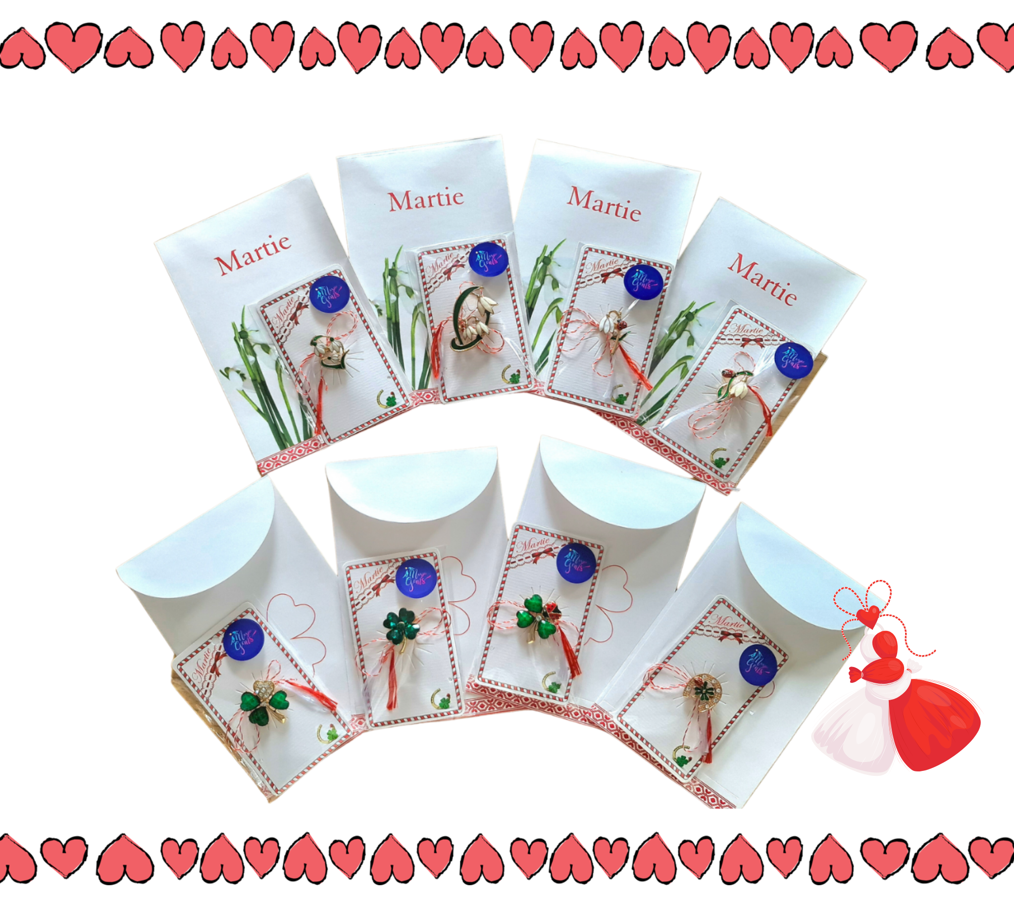 Set of 8 Martisor brooches including snowdrop and clover designs, each with matching paper gift envelopes. The brooches are decorated with red and white string and presented on traditional support cards, with a heart-themed border.