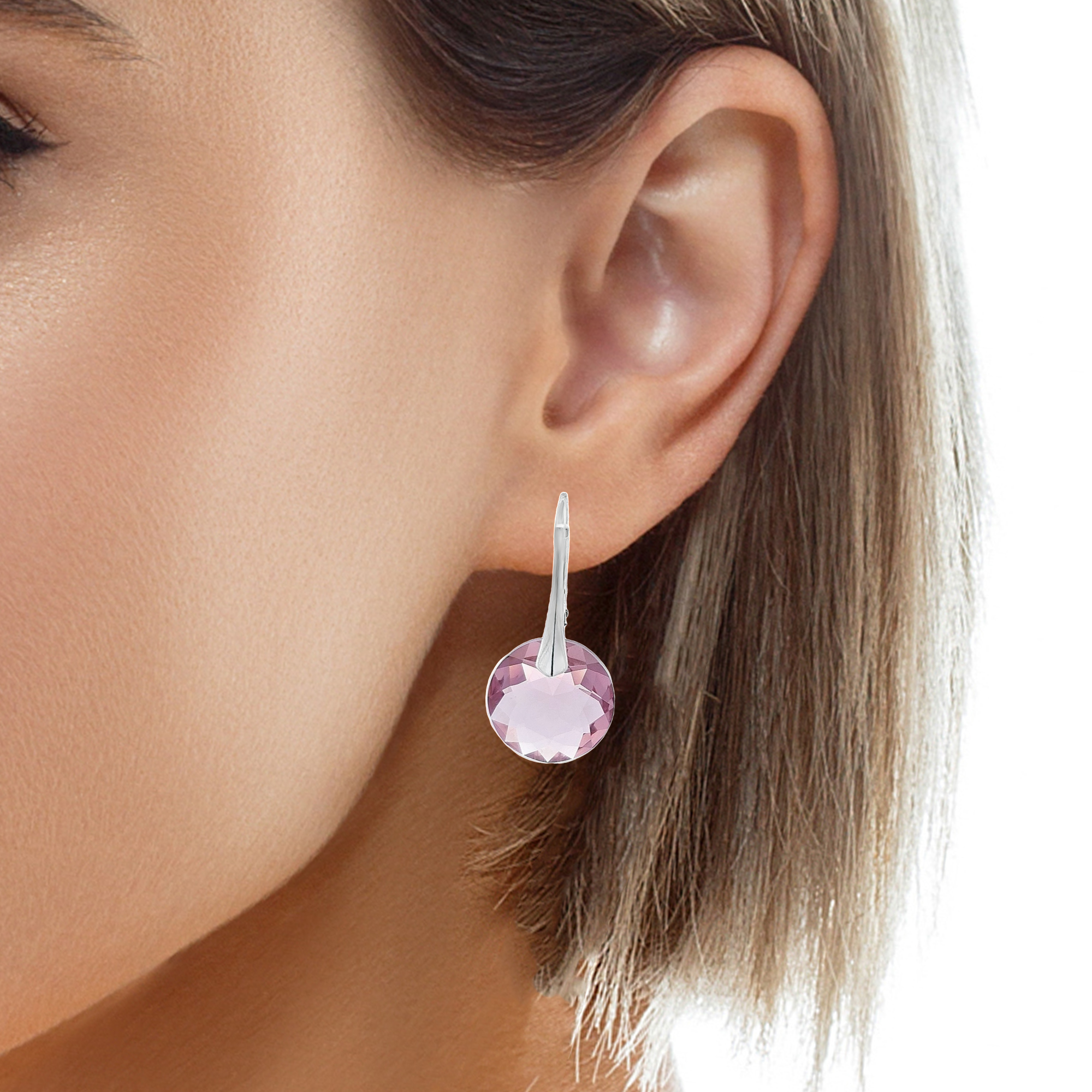 Model wearing the Birthstone Silver Leverback Earrings with Light Amethyst Round Crystals for June Birthstones or Gemini Birthdays.
