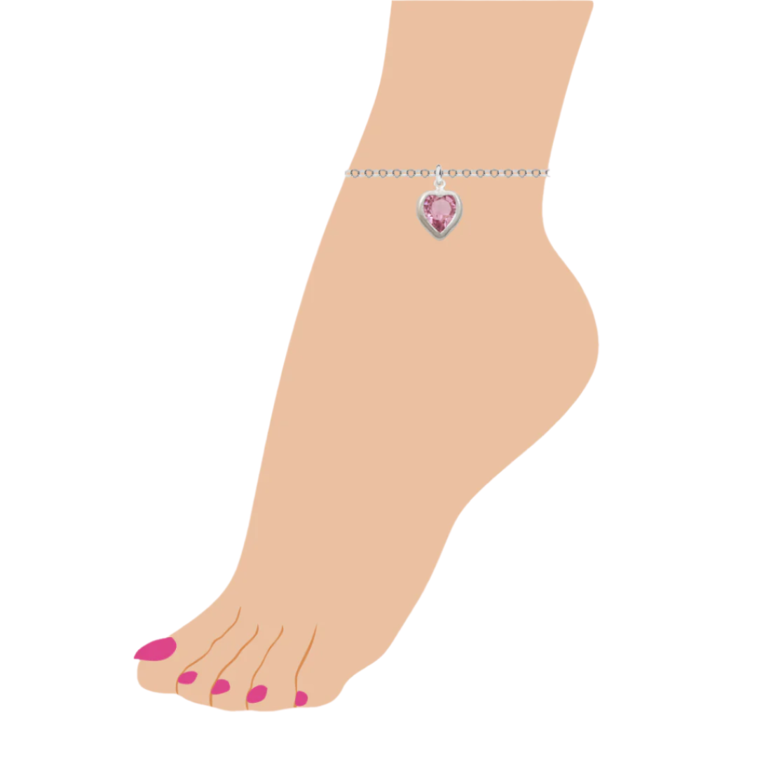 Silver Heart October Birthstone Chain Anklet for Women – Adjustable Sterling Anklet with Custom Rose Heart Charm