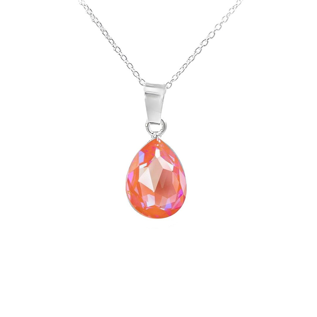 Orange Glow DeLite Solitaire Teardrop Pendant Necklace in 925 Sterling Silver with Pear-cut Austrian crystals by Magpie Gems in Ireland