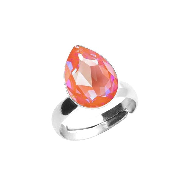 Orange Glow DeLite Solitaire Silver Ring in Nickel-Free Sterling Silver with Pear-shaped Teardrop Crystal by Magpie Gems Ireland