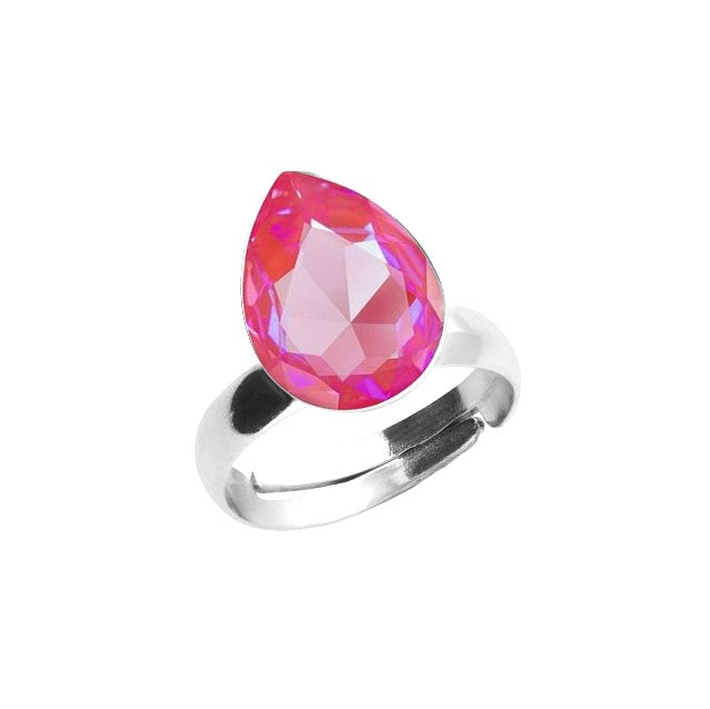 Pink Lotus DeLite Solitaire Silver Ring in Nickel-Free Sterling Silver with Pear-shaped Teardrop Crystal by Magpie Gems Ireland