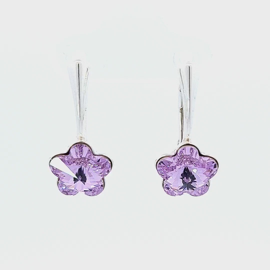 Video 45-degree view of the Little Miss Collection Flower Crystal Drop Earrings in Violet for girls and women in Ireland