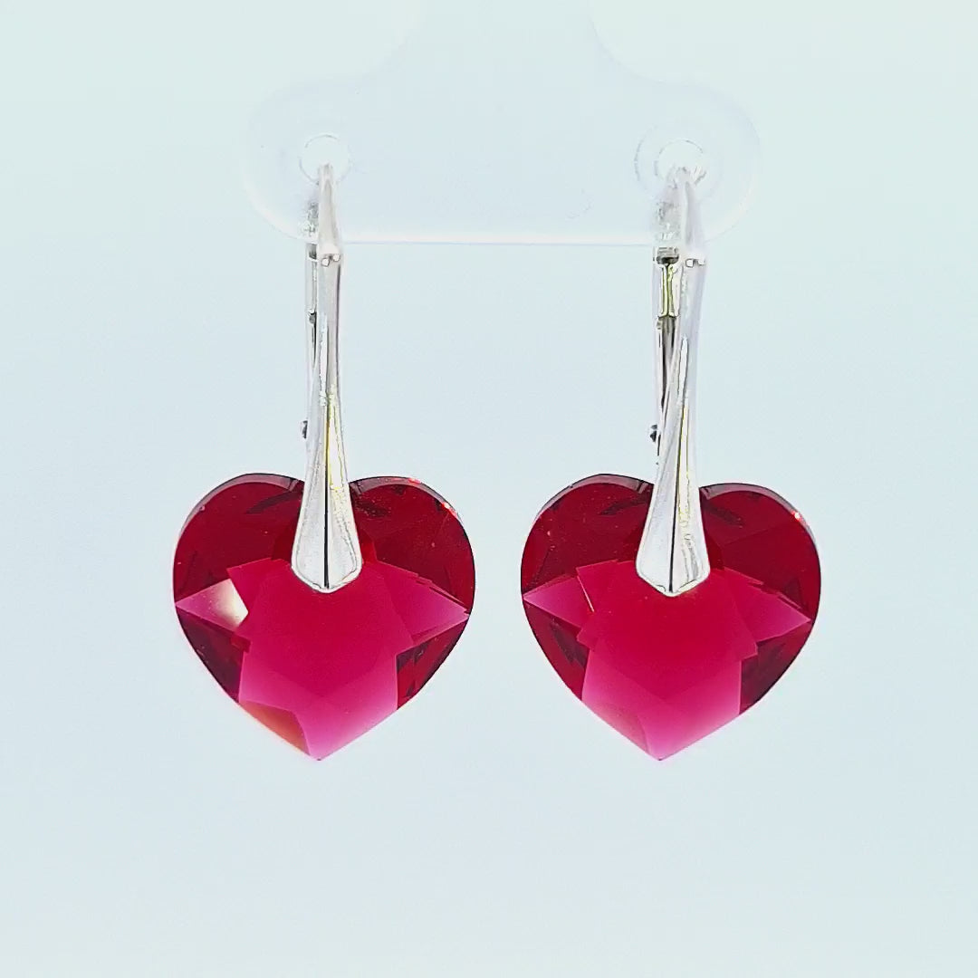 360 degree video of the Scarlet Red Silver Heart Drop Earrings with Austrian Crystals for Women by Magpie Gems in Ireland