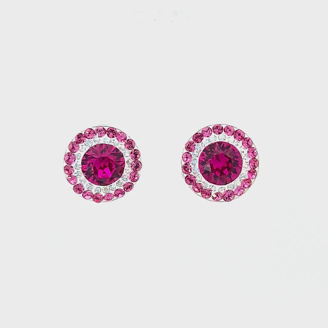 360-degree view Video of Radiant Rosette Double Halo Stud Earrings, highlighting the secure sterling silver stud and push-back closure.