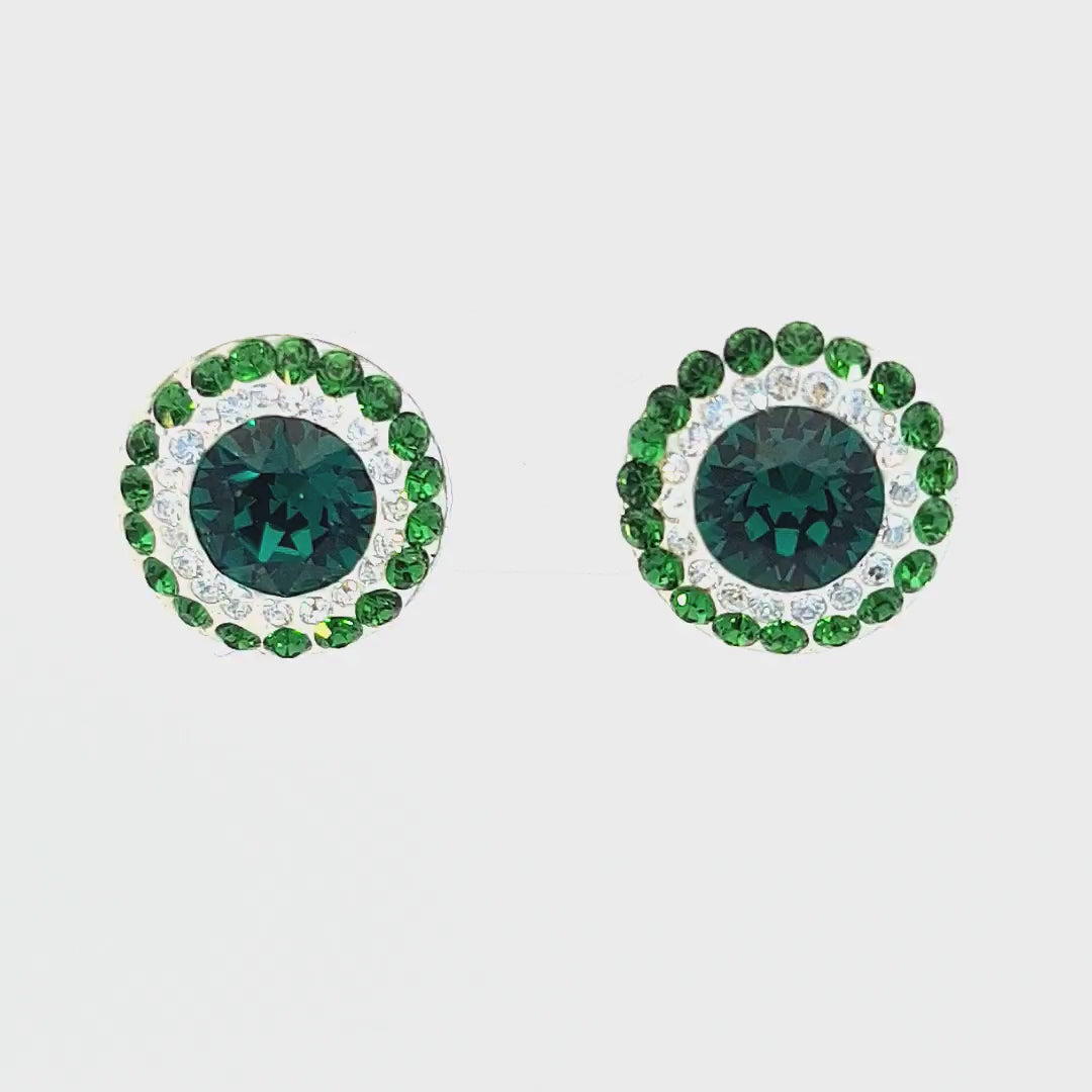 360-degree view of the Double Halo Crystal Earrings in Emerald Green with Silver Posts