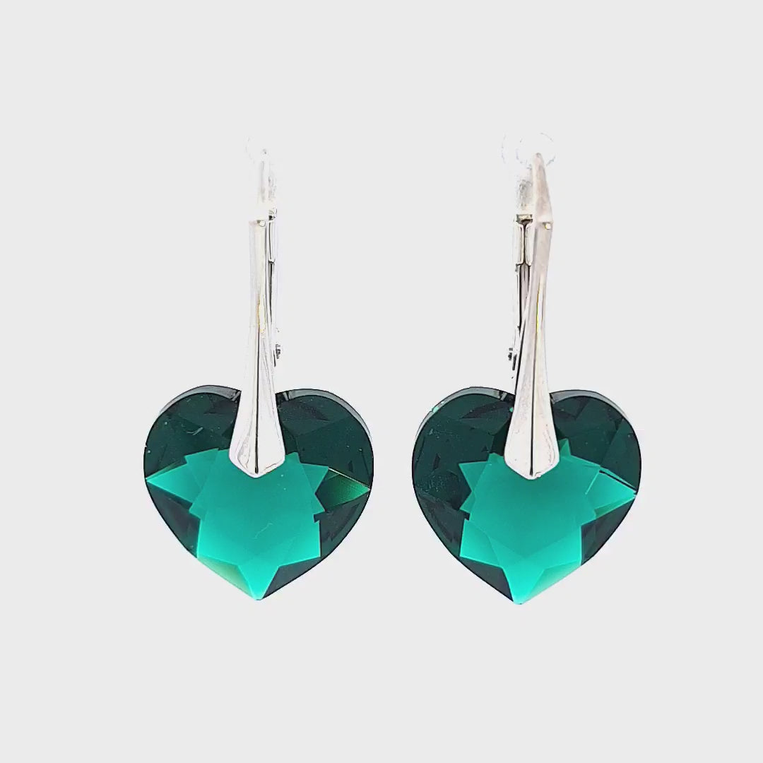 360-degree video of the Hand-Finished Sterling Silver Heart Drop Earrings with Emerald Green Crystals by Magpie Gems in Ireland