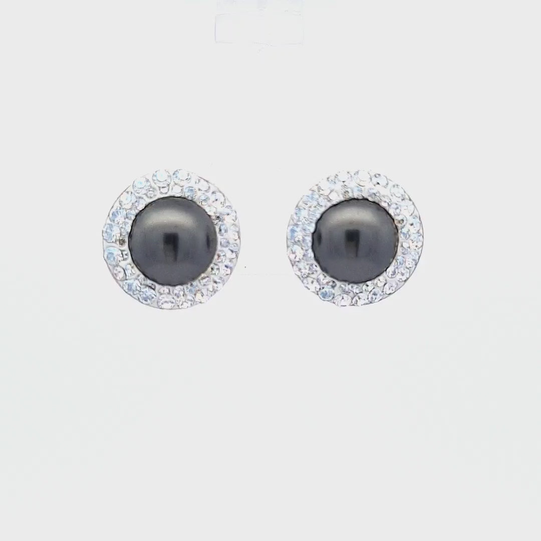 360-degree video of the Sterling Silver Pearl Stud Earrings with Double Halo Crystals with Dark Grey Pearl Crystals, handmade in Ireland for Women