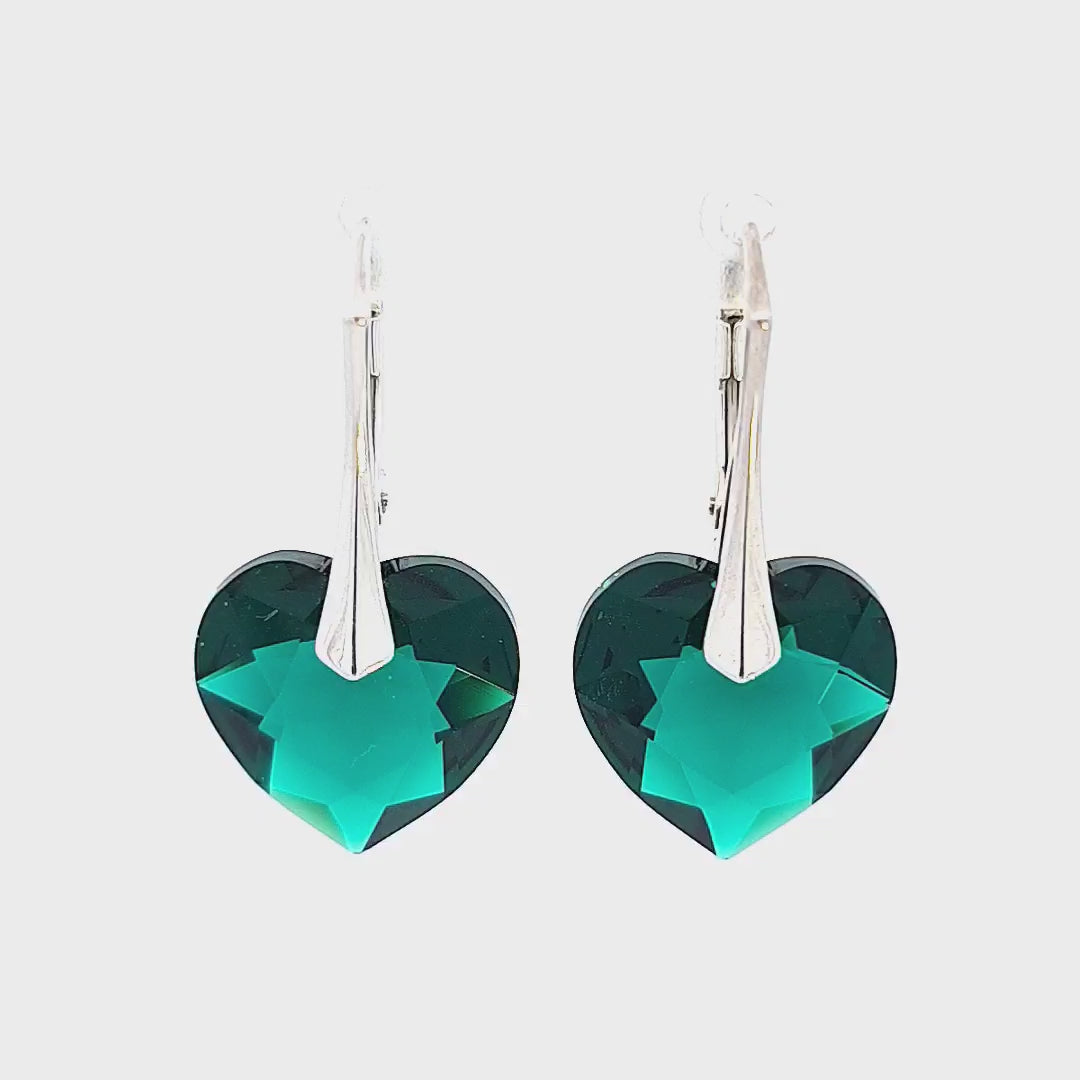 Video of the Emerald Green Silver Heart Drop Earrings with Austrian Crystals for women