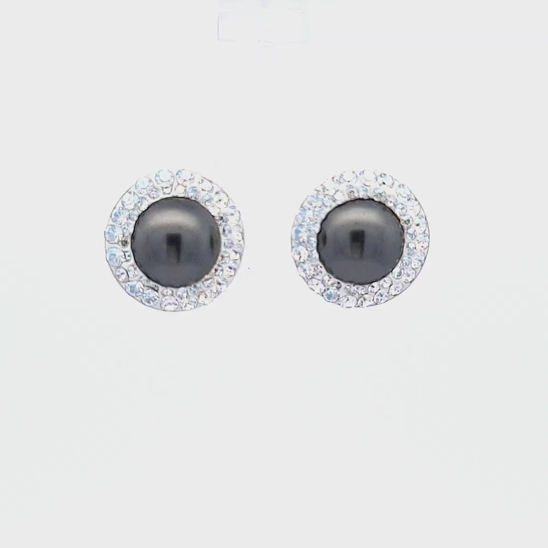 45-degree video of the Timeless Elegance Sterling Silver Pearl Cabochon Stud Earrings with Dark Grey Pearl Crystal and Double Halo of Tiny Crystals in Sterling Silver