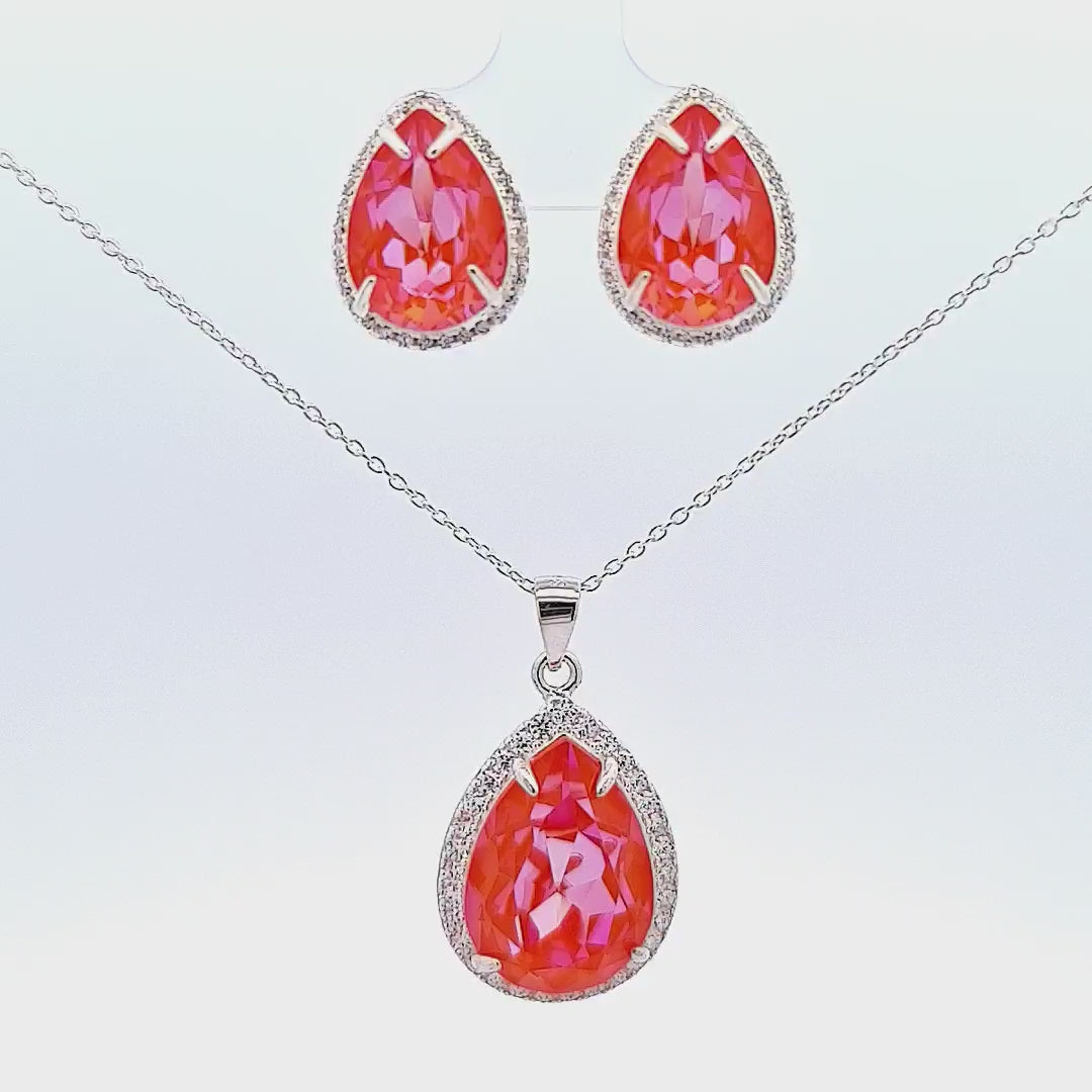 Irish Hand-Finished Sterling Silver Dazzling Pear Silver Jewellery Set with Orange Glow Delite