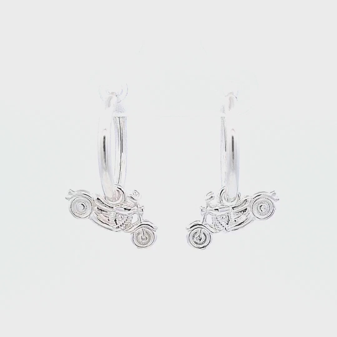 Irish Hand-Finished Sterling Silver Motorcycle Charm Hoop Earrings video 45-view