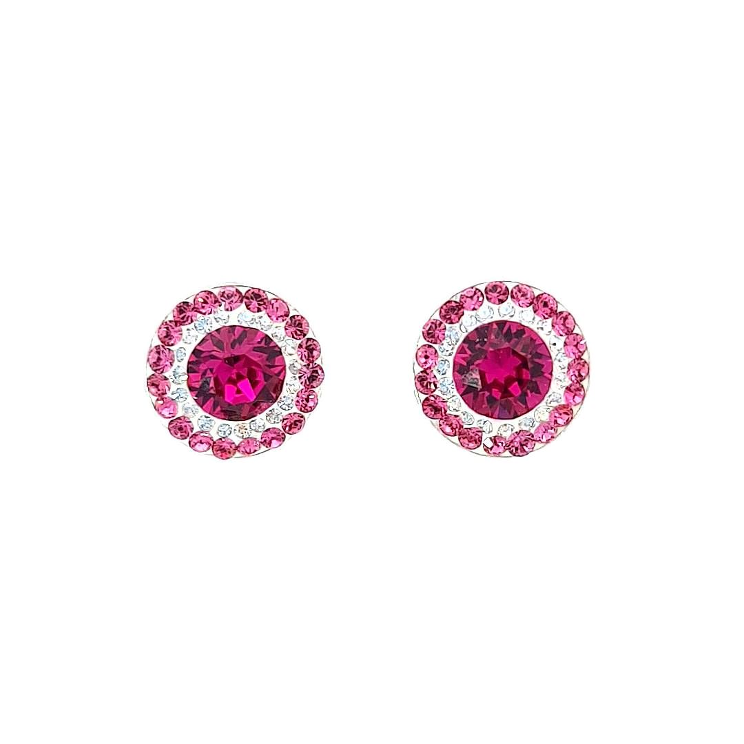 Front view of Radiant Rosette Double Halo Stud Earrings in sterling silver featuring a central fuchsia crystal surrounded by a double halo of moonlight and rose pink crystals.