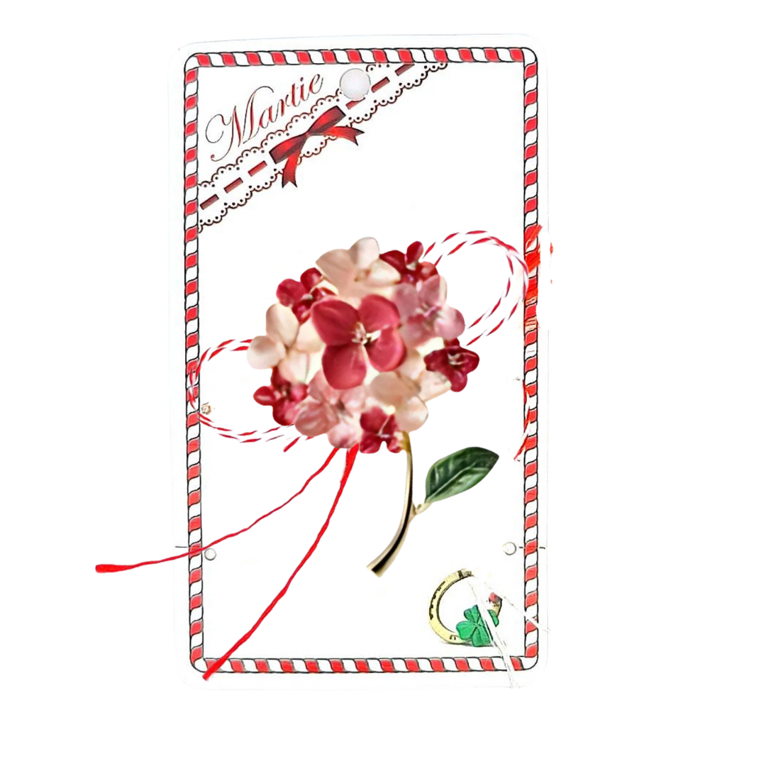 Red Hydrangea Martisor Brooch displayed on a decorative card with red and white accents, featuring vibrant red and pink hydrangea blossoms with golden details and a green leaf, complemented by the iconic red and white Martisor bow, symbolising spring celebrations.