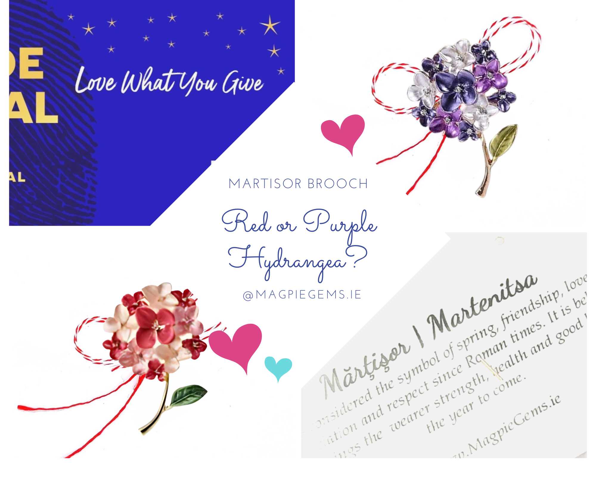 Collage featuring Red and Purple Hydrangea Martisor Brooches with enamelled blooms, golden accents, and the traditional red and white bow. Includes a storytelling card explaining the Martisor tradition, promoting MagpieGems.ie as a destination for meaningful spring gifts.