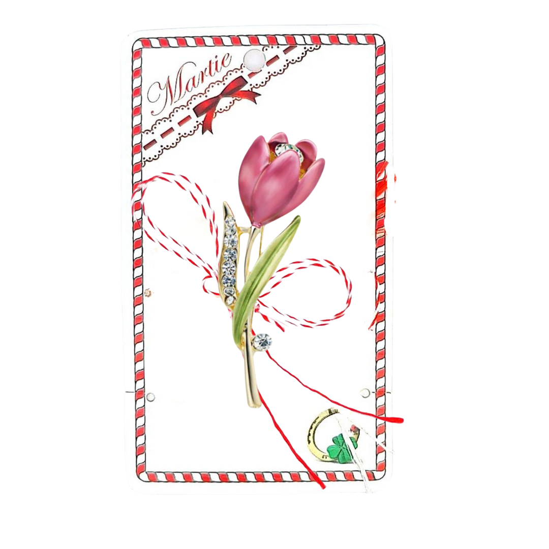 Red Tulip Crystal Martisor Brooch displayed on a festive card with red and white detailing, featuring a vibrant red tulip adorned with sparkling crystals and green leaves, paired with the traditional red and white Martisor bow, representing health and prosperity.