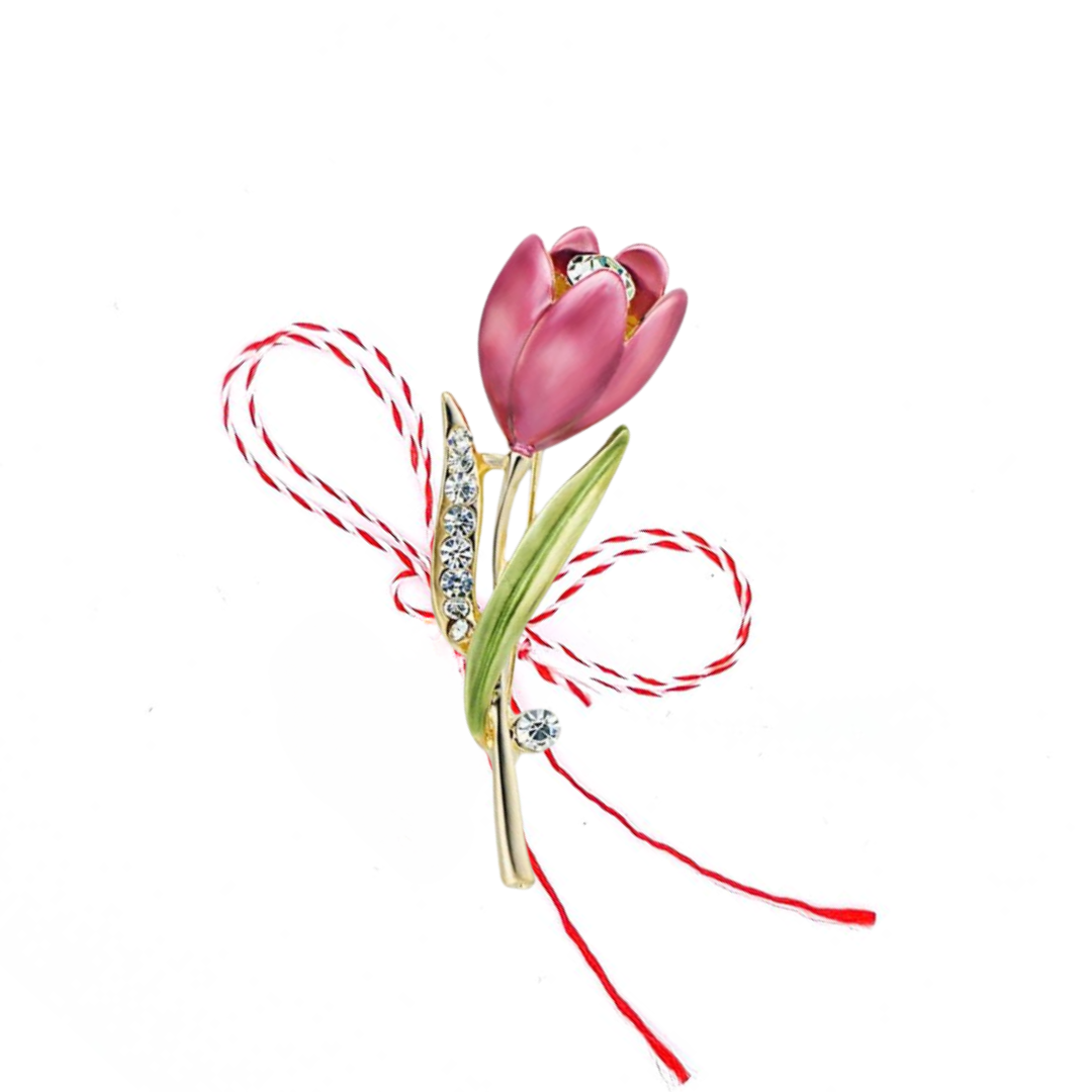 Red Tulip Martisor Brooch with Crystals on a white background, showcasing a vibrant red tulip design adorned with sparkling crystals and golden details, complemented by the traditional red and white Martisor bow.