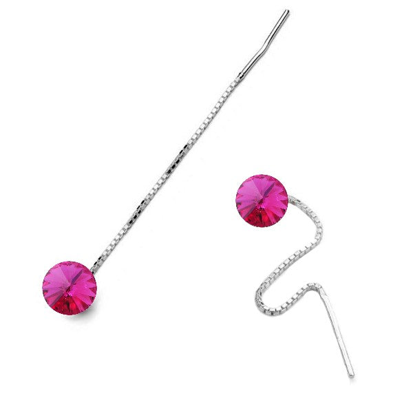 Round Rivoli Silver Threader Earrings in Fuchsia