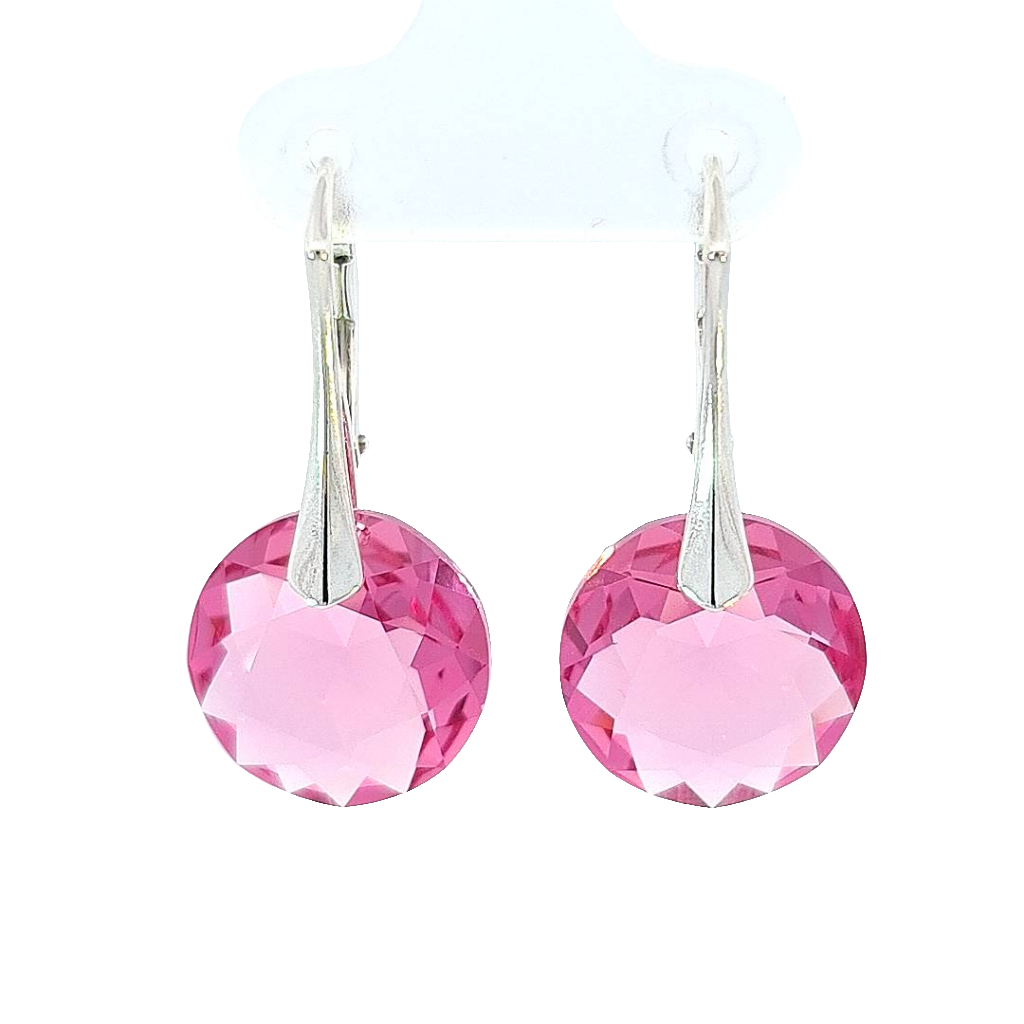 Round Birthstone Crystal Sterling Silver Drop Earrings with Rose Pink Crystals for Women
