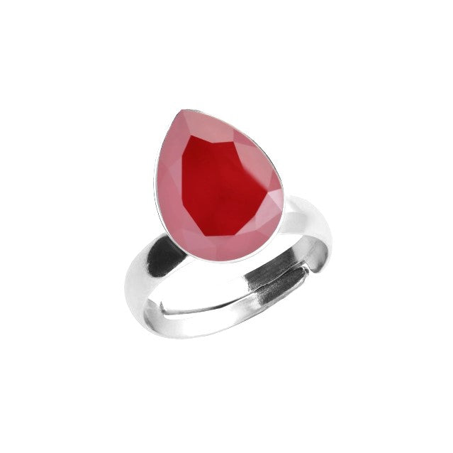 Royal Red Solitaire Silver Ring in Nickel-Free Sterling Silver with Pear-shaped Teardrop Crystal by Magpie Gems Ireland