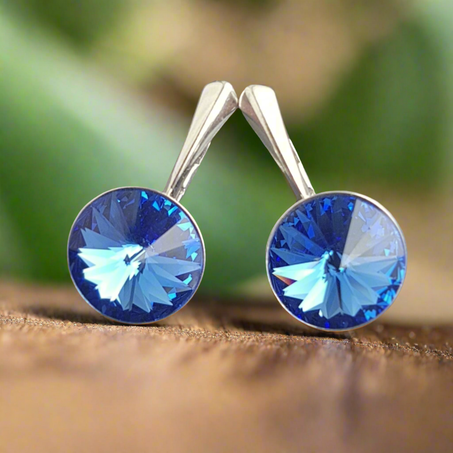 Sterling Silver Drop Earrings with 12mm Sapphire Blue Rivoli Crystal