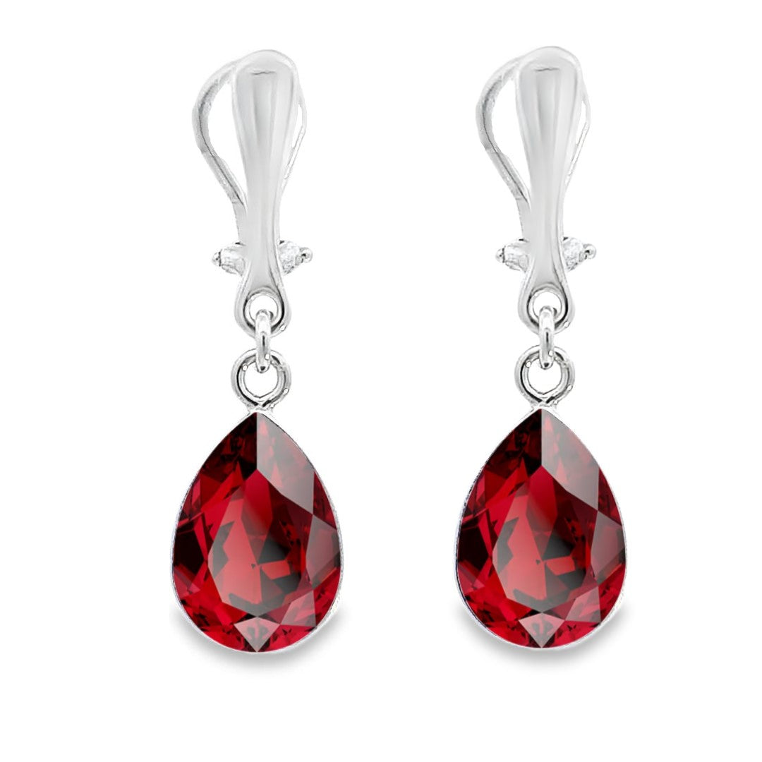 Scarlet Red Pear-Shaped Clip-On Teardrop Earrings in Sterling Silver made in Ireland by Magpie Gems