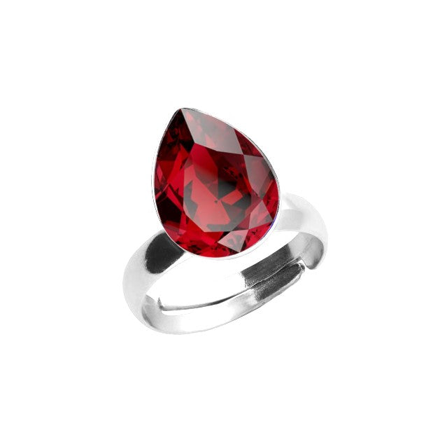 Scarlet Red Solitaire Silver Ring in Nickel-Free Sterling Silver with Pear-shaped Teardrop Crystal by Magpie Gems Ireland