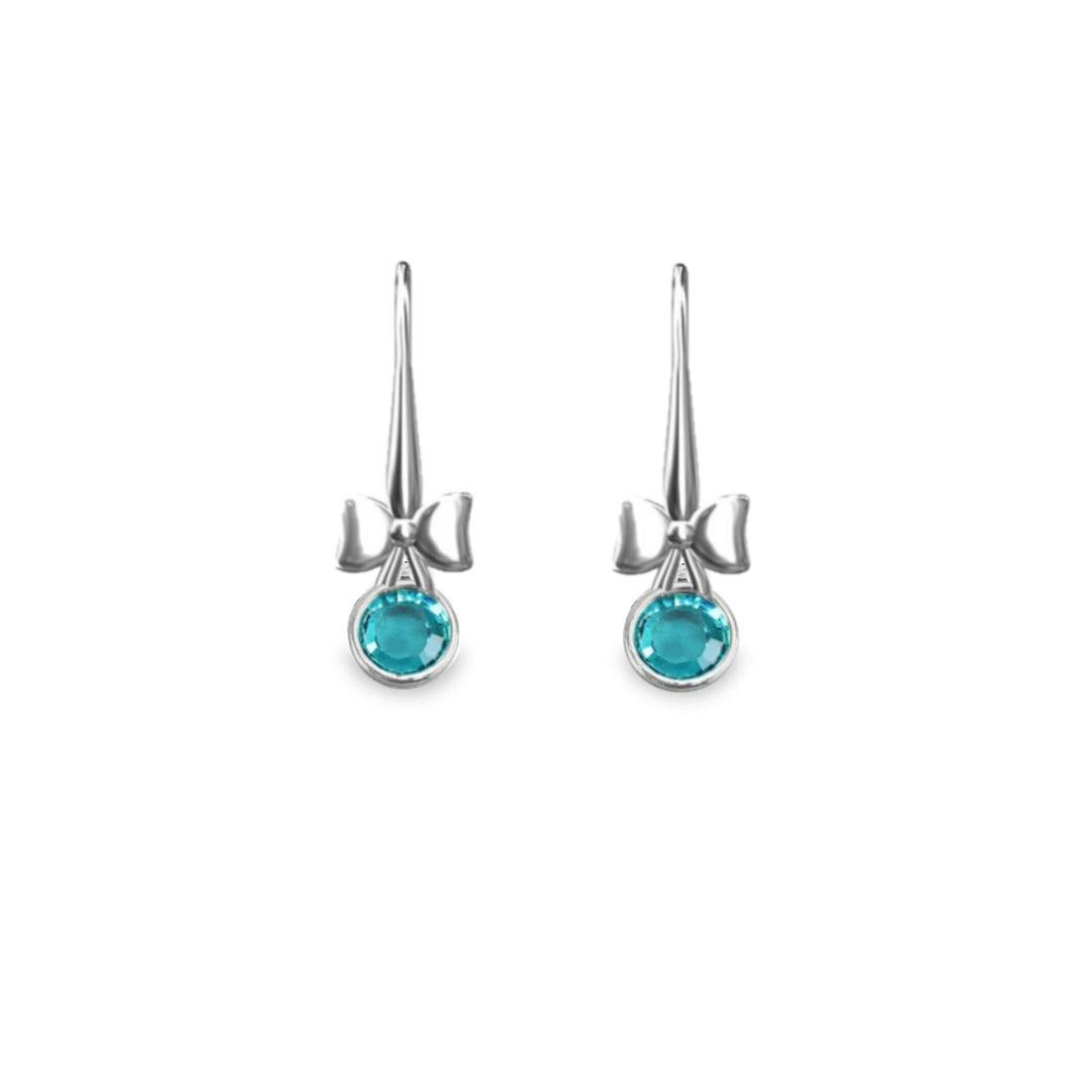 Irish Hand-Finished Sterling Silver Bow and December Birthstone Drop Earrings Blue Zircon