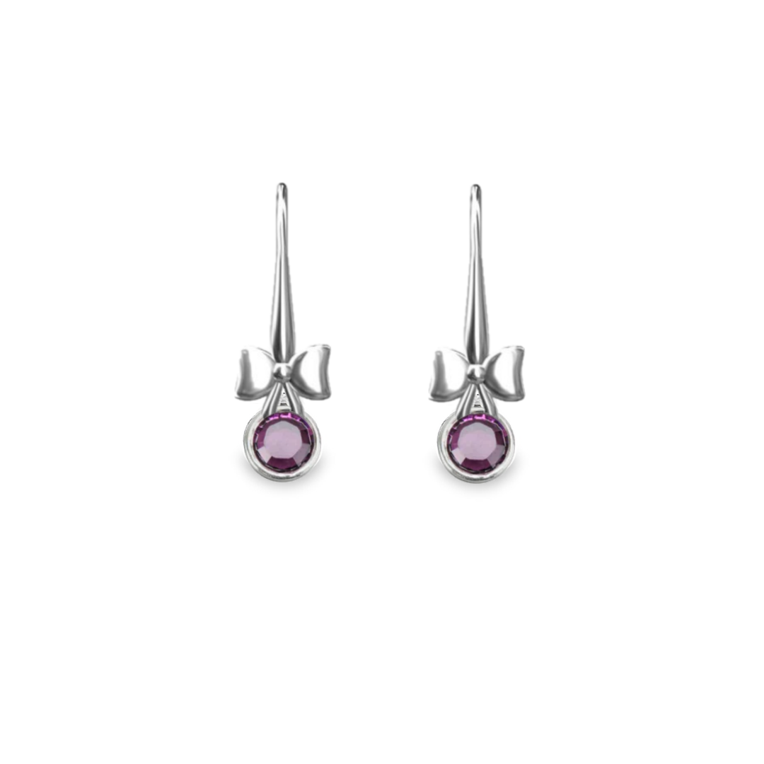 Irish Hand-Finished Sterling Silver Bow and February Birthstone Drop Earrings Amethyst