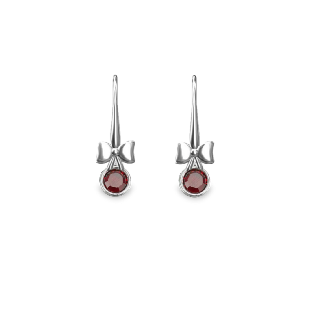 Irish Hand-Finished Sterling Silver Bow and January Birthstone Drop Earrings Siam Red Garnet