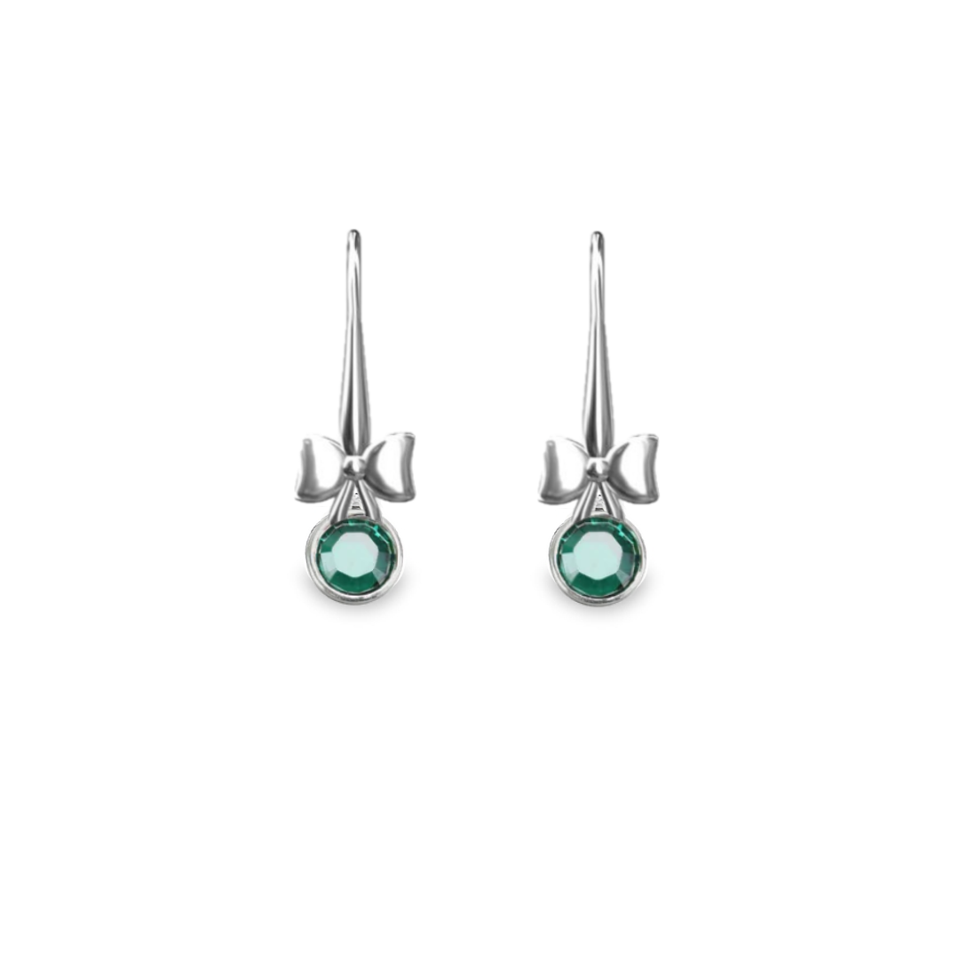 Irish Hand-Finished Sterling Silver Bow and May Birthstone Drop Earrings Emerald Green