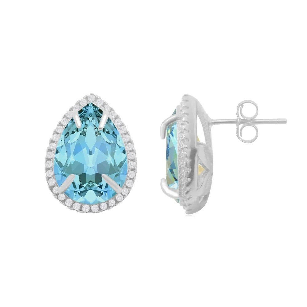 Dazzling PearLarge Silver Stud Earrings in Sterling Silver with Aquamarine Stones