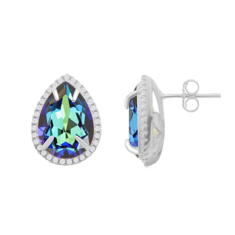 Dazzling PearLarge Silver Stud Earrings in Sterling Silver with Bermuda Blue Crystals