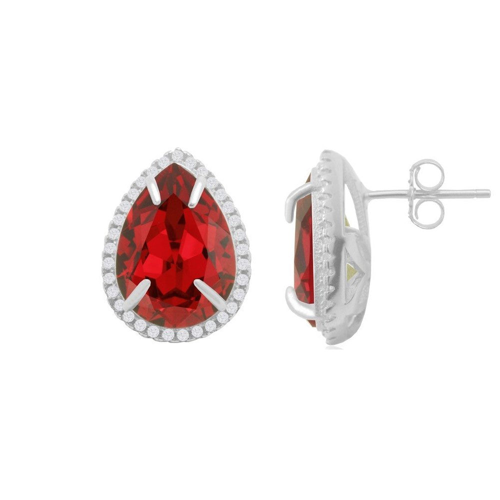 Dazzling PearLarge Silver Stud Earrings in Sterling Silver with Red Crystals