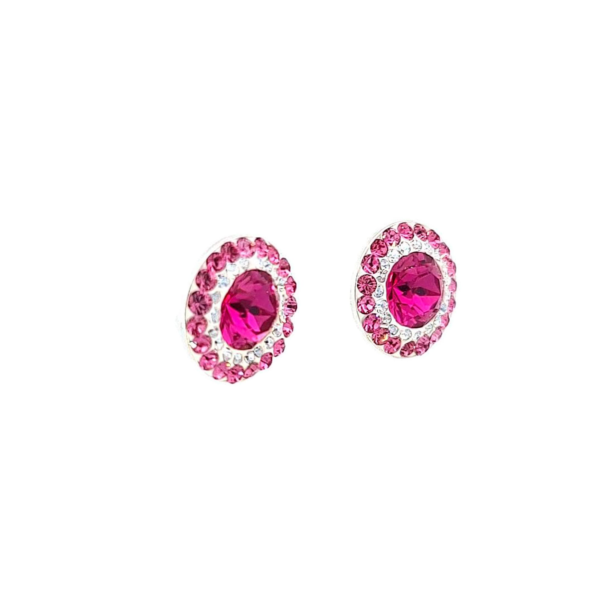 Side view of Radiant Rosette Double Halo Stud Earrings, showcasing the elegant design and the intricate detailing of the double halo with fuchsia, moonlight, and rose pink crystals.