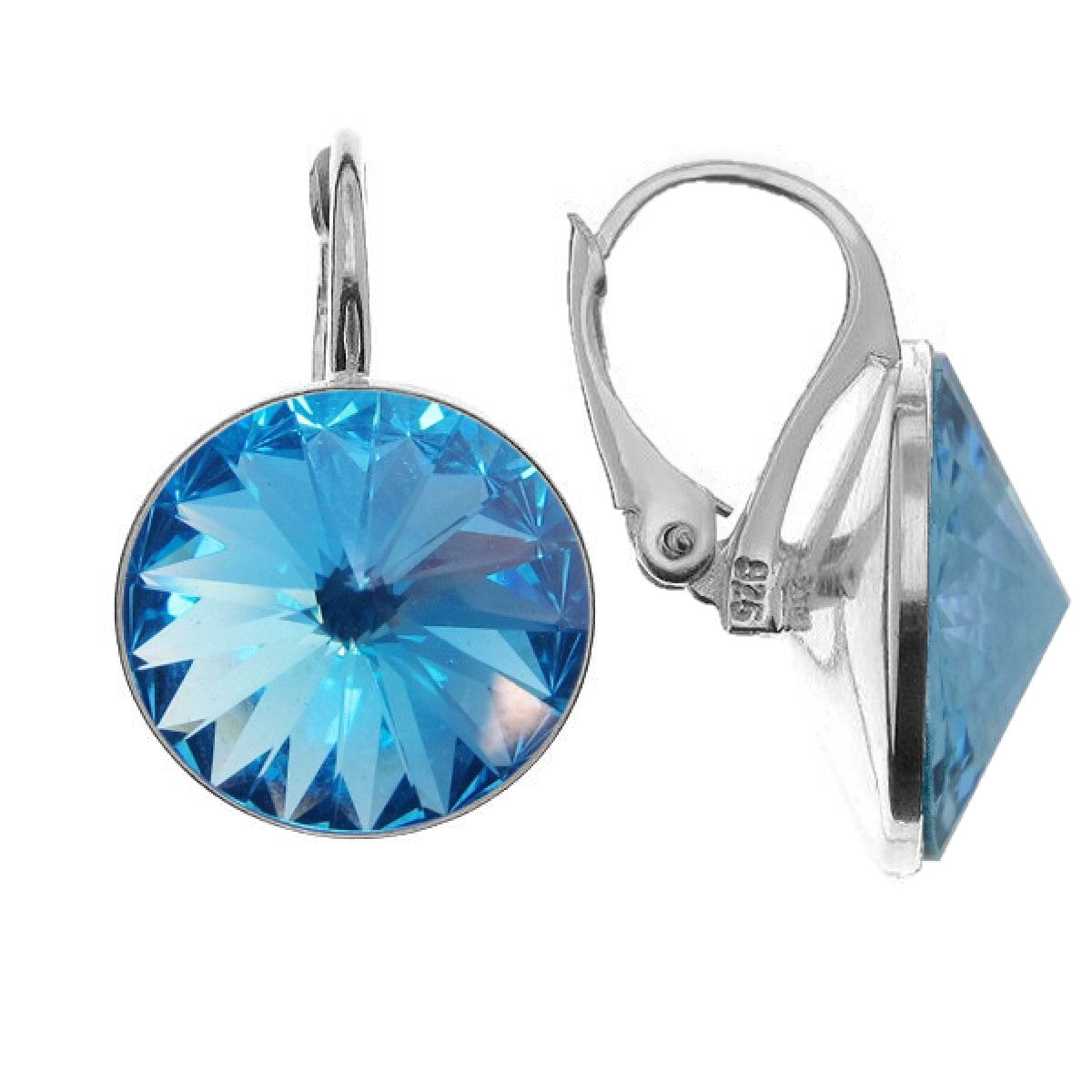 Silver Drop Earrings with 14mm Aquamarine Rivoli for Women – Sparkling Sterling Earrings