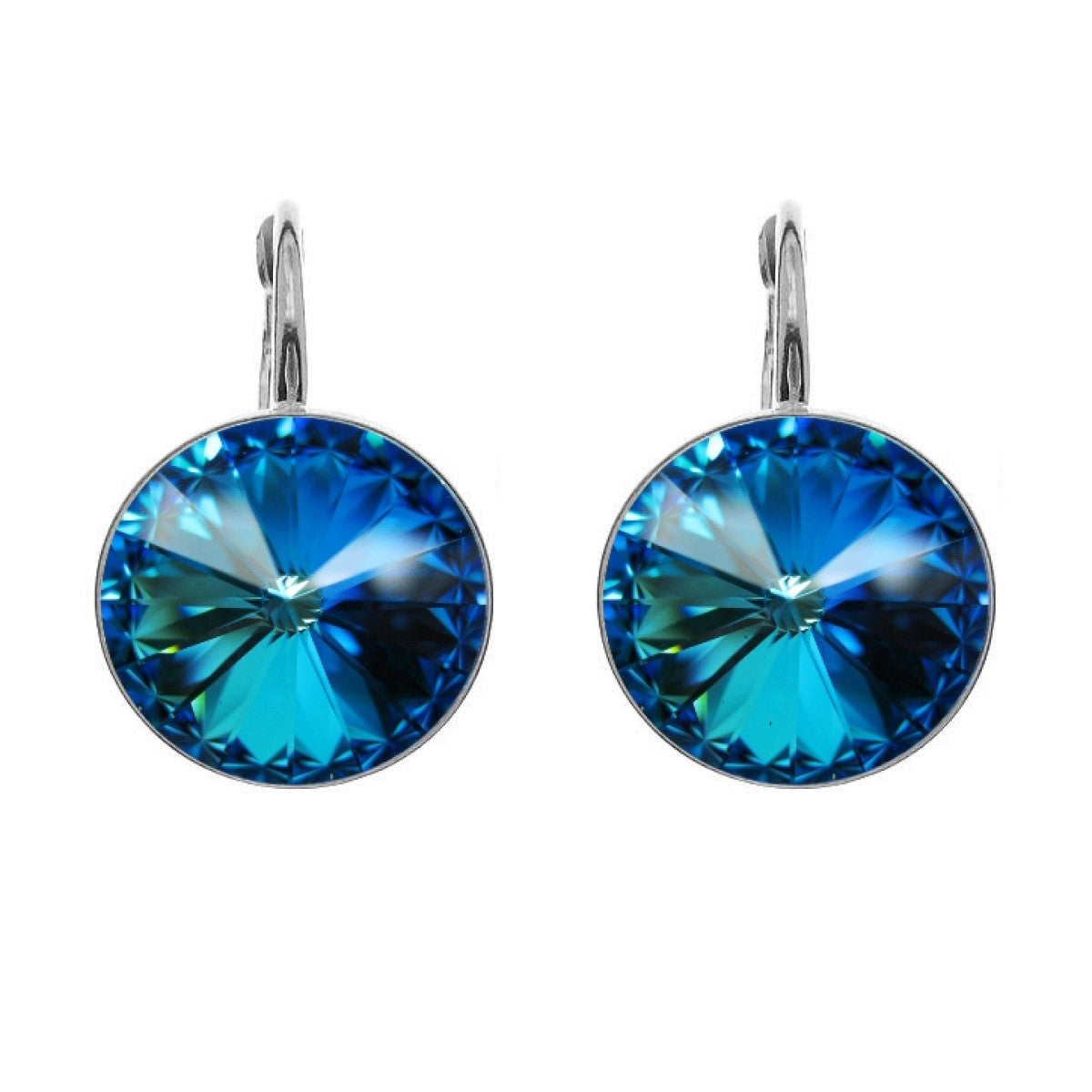 Silver Drop Earrings with 14mm Bermuda Blue Rivoli for Women – Elegant Sterling Earrings