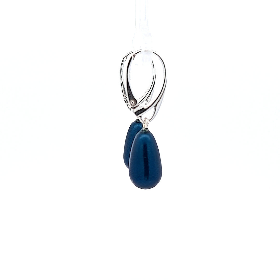 Silver Drop Earrings with Midnight Blue Teardrop Pearl for Women – Elegant Sterling Dangle Earrings