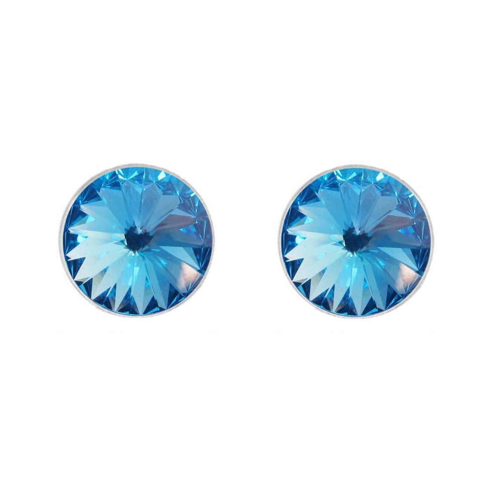 Round Rivoli Stud Earrings in Sterling Silver with Aquamarine Crystal