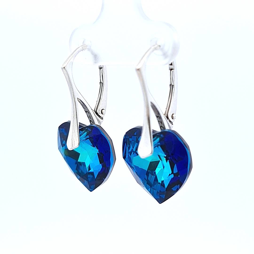 Side View Silver Heart Drop Earrings with Bermuda Blue Crystals