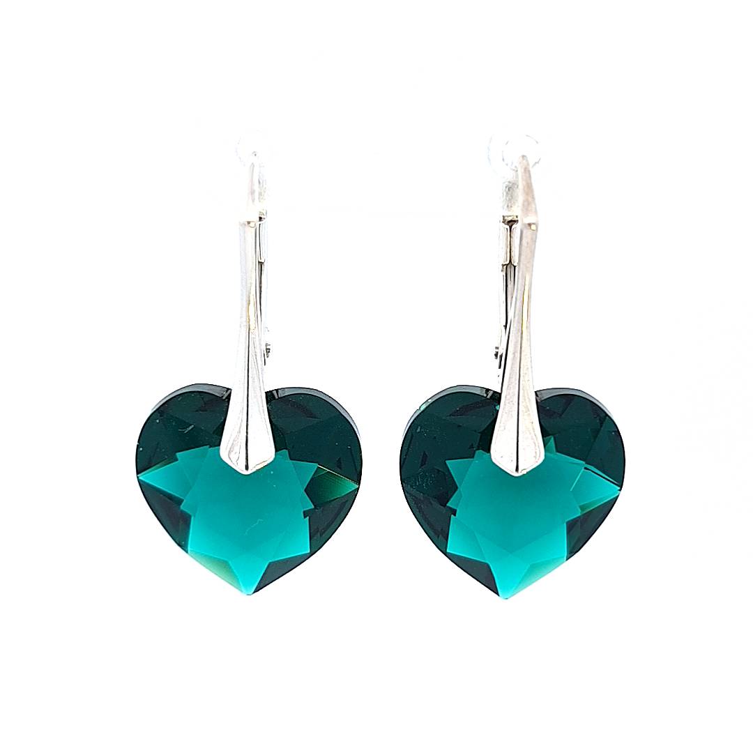 Woman Silver Heart Drop Earrings with Emerald Green Crystals