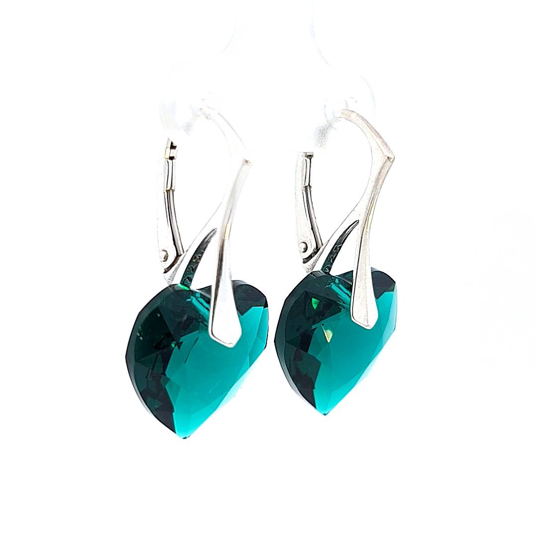 Side-view of the Emerald Green Silver Heart Drop Earrings with Austrian Crystals for women