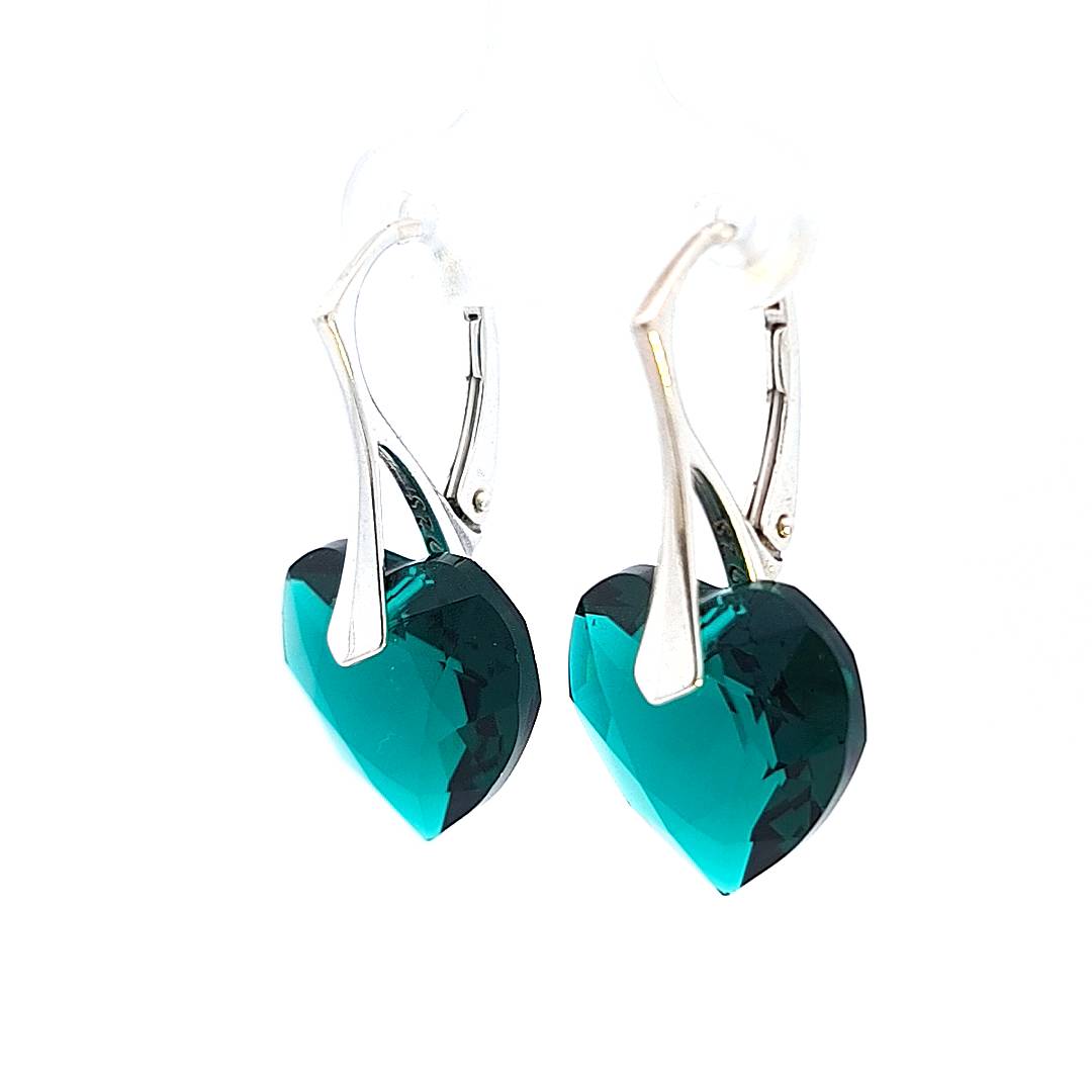 Emerald Green Silver Heart Drop Earrings with Austrian Crystals - side view